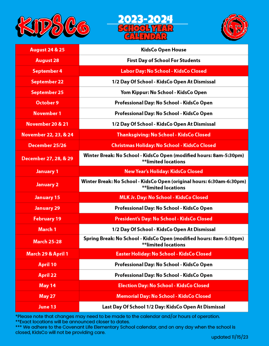 2022 - 2023 KidsCo School Year Calendar | KidsCo Online